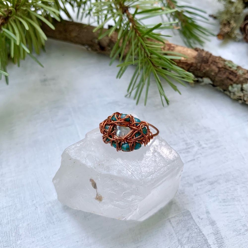 Artisan Copper Grey Pearl and Blue Glass Ring